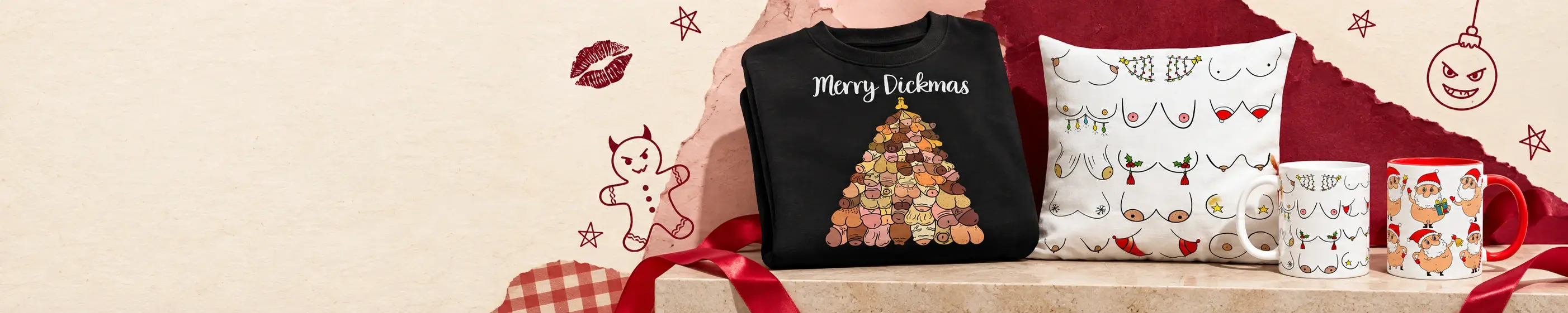 Christmas collection with a printed black sweatshirt, cushion, and two festive mugs on a stone shelf, framed by playful doodles and red ribbon.