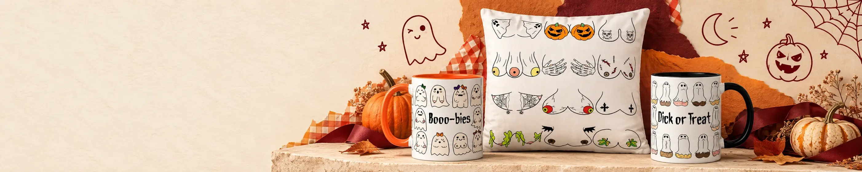 Halloween cushion and two ghost mugs with orange and black handles on a stone shelf, surrounded by pumpkins, playful doodles, and burgundy ribbon.