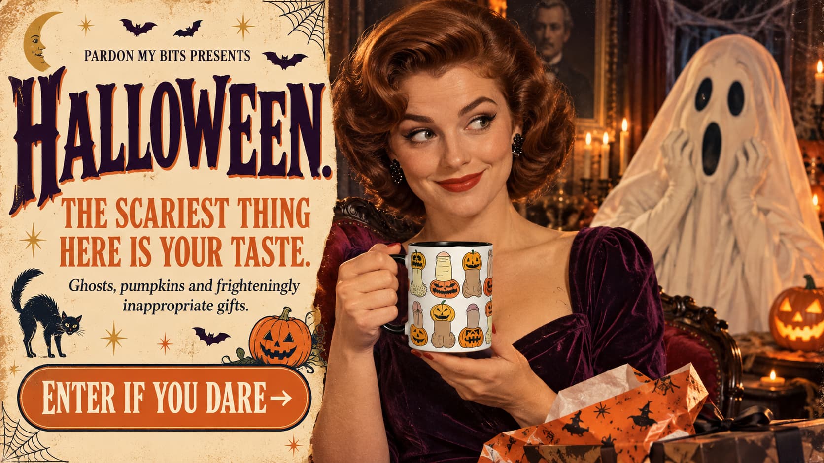 Halloween: a woman holding a pumpkin-pattern mug beside a ghost in a vintage haunted house. The Scariest Thing Here Is Your Taste.