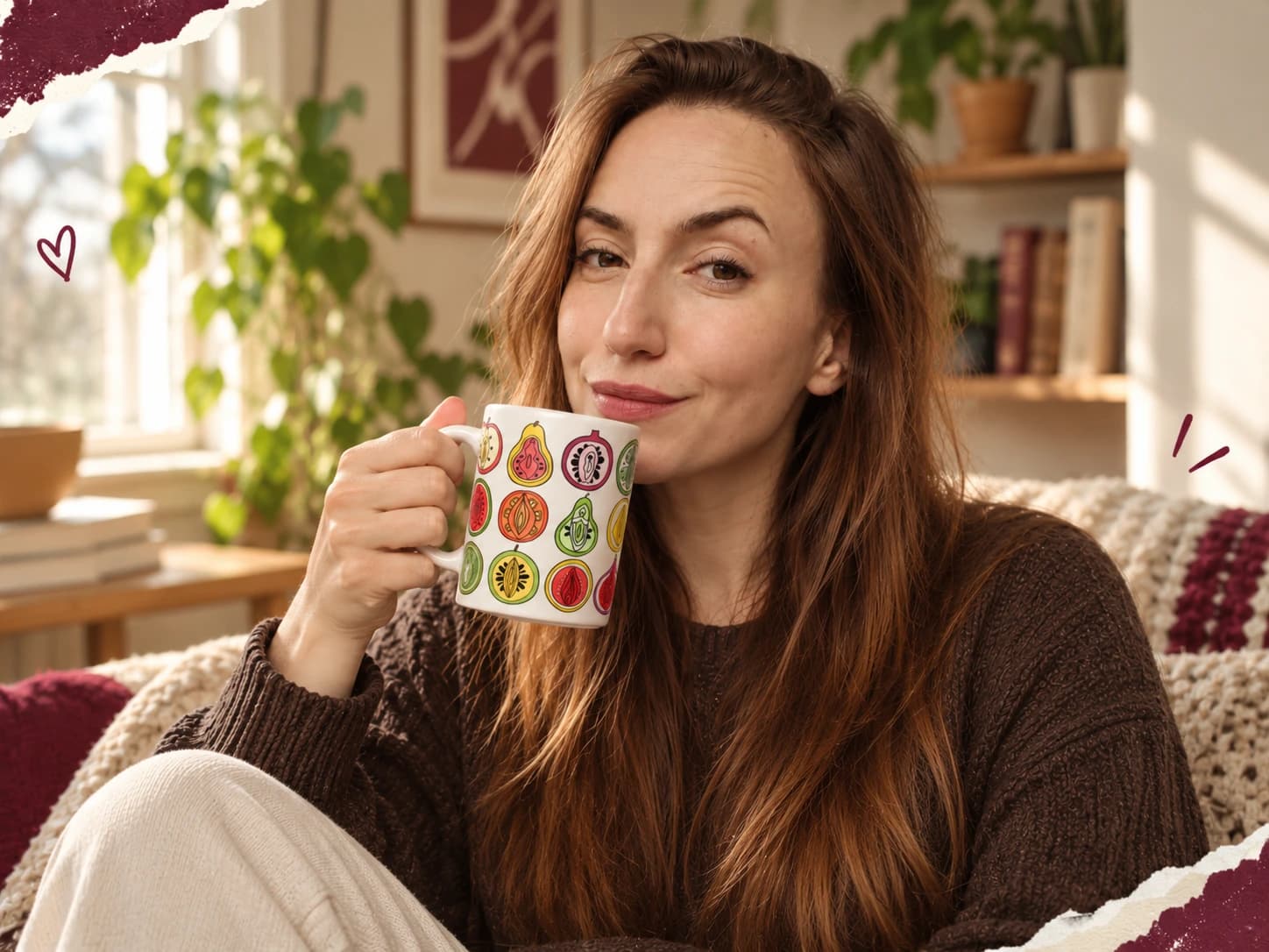 Enjoying a colourful Pardon My Bits mug in a cosy, sunlit room