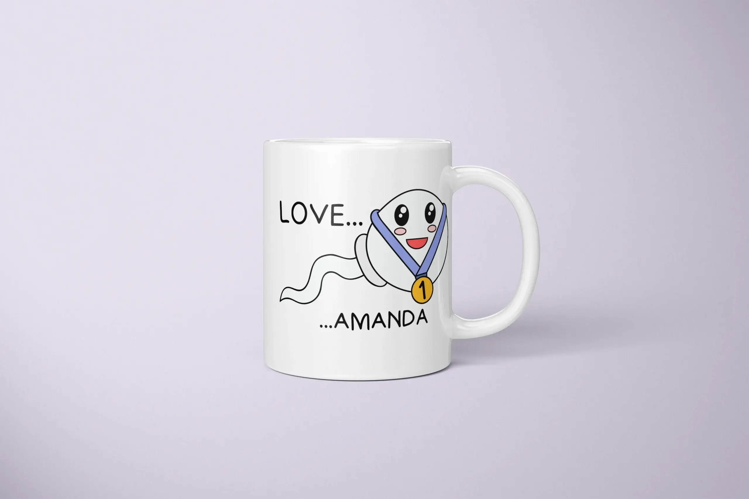 Sperm Swimming Champion Mug with a first-place medal and LOVE... AMANDA personalization example