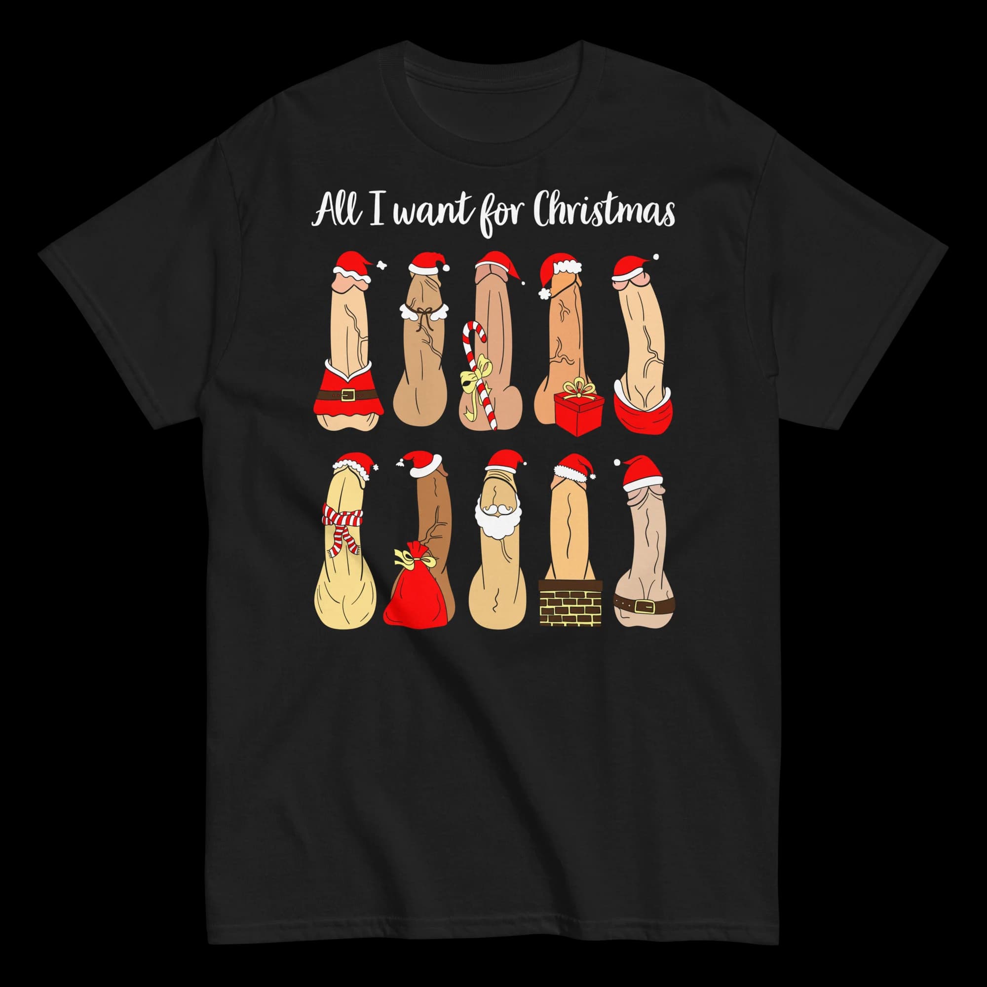 black personalized Christmas T-shirt with festive penis illustrations and sample custom wording, front view