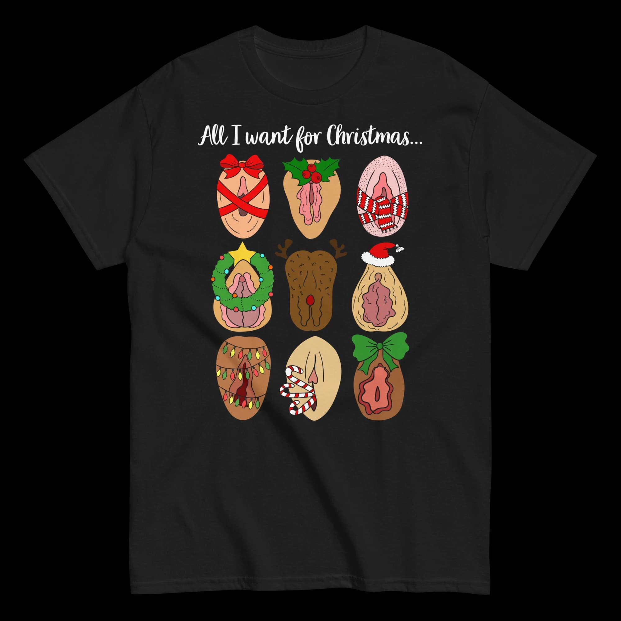 black personalized Christmas T-shirt with festive vulva illustrations and sample custom wording, front view