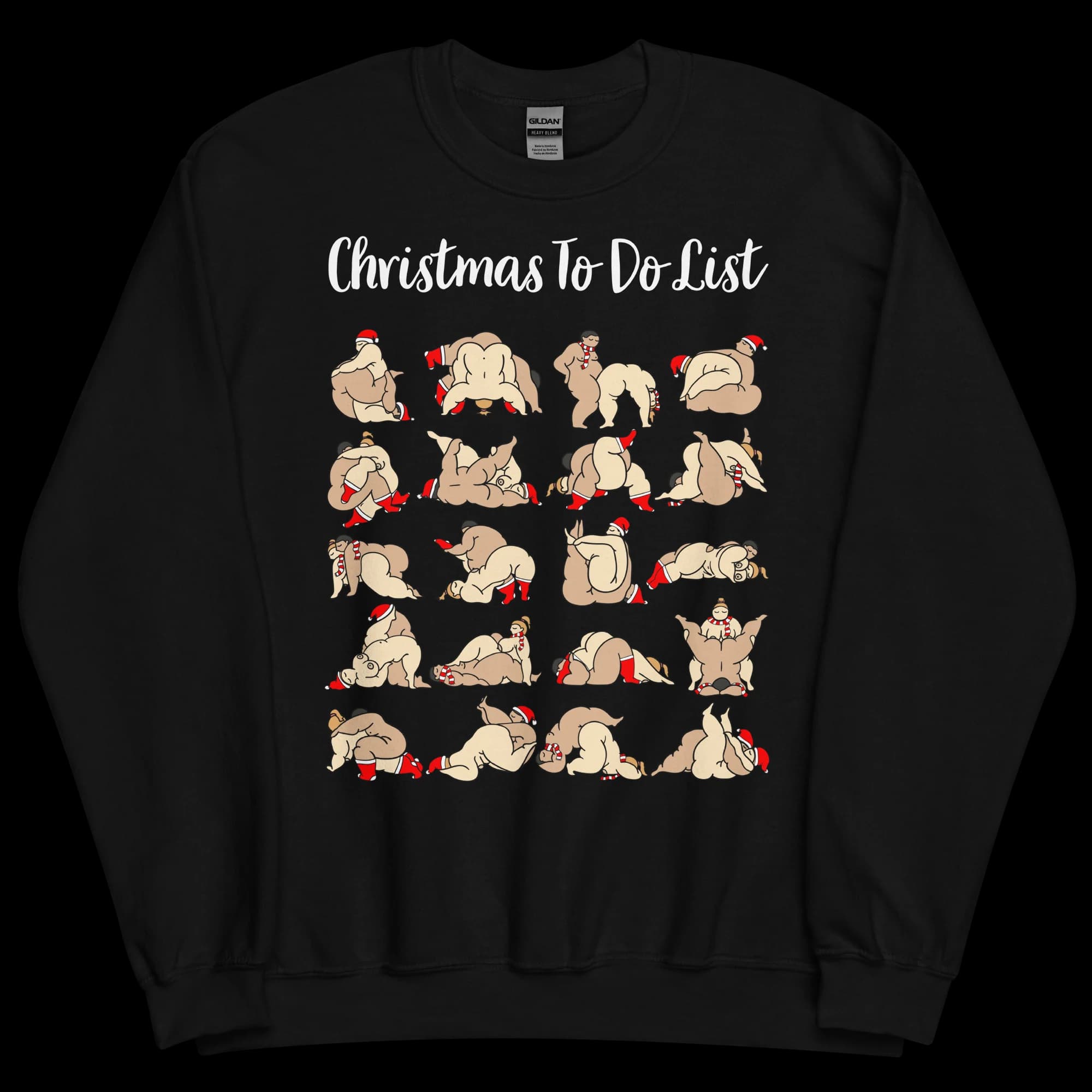 Black unisex Christmas sweatshirt featuring a grid of cheeky illustrated adult couples wearing Christmas accessories. Wording shown is a customizable example.