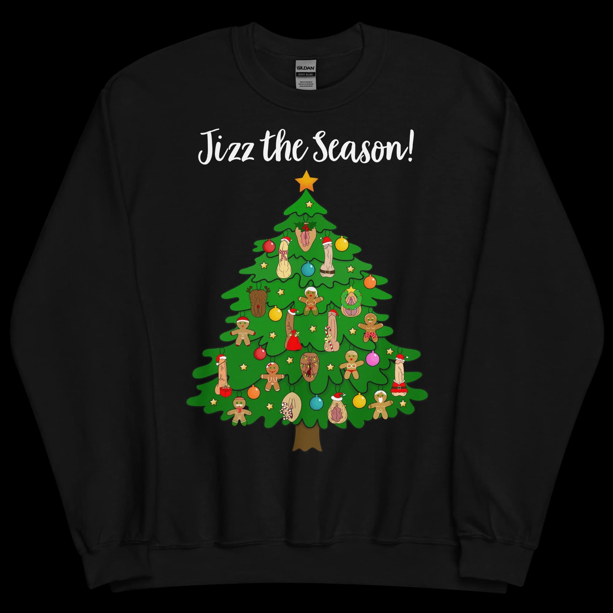 Black unisex Christmas sweatshirt featuring a green Christmas tree decorated with mixed anatomy illustrations, gingerbread figures and colourful baubles. Wording shown is a customizable example.
