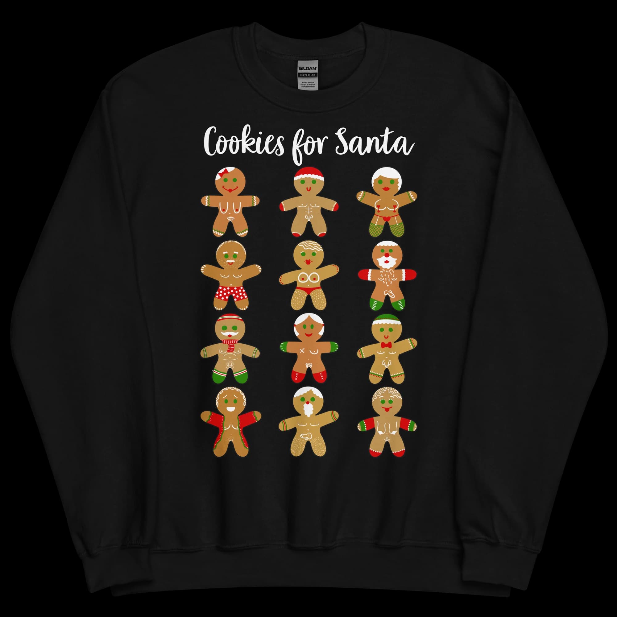 Black unisex Christmas sweatshirt featuring a grid of twelve naughty gingerbread men with festive icing, scarves and Santa hats. Wording shown is a customizable example.