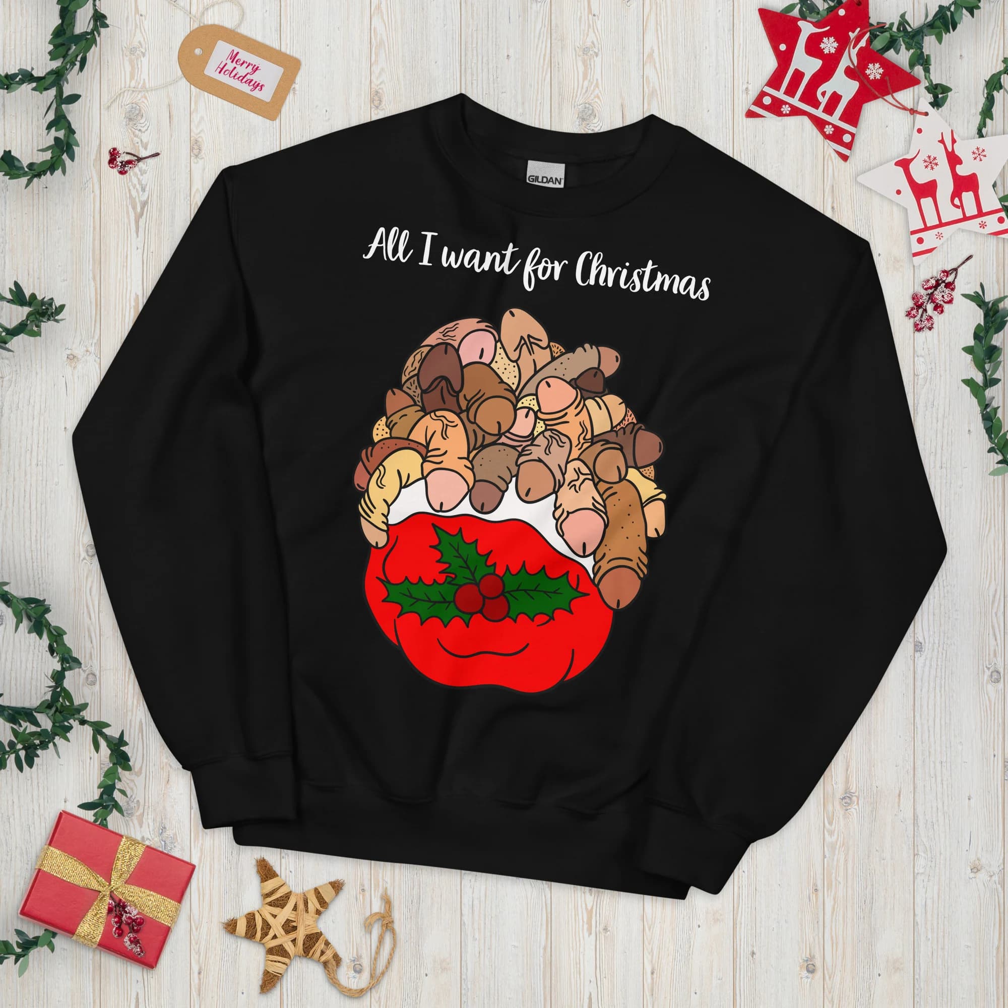 Black crewneck sweatshirt laid flat with an illustrated Christmas sack of penises and sample All I want for Christmas text.