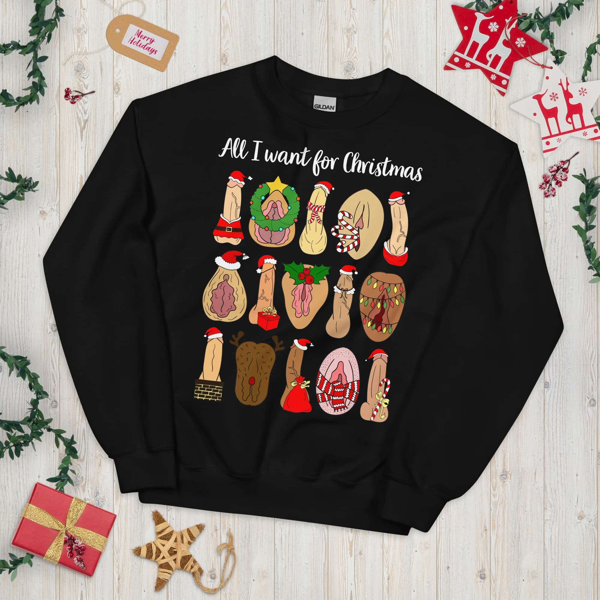 Black unisex Christmas sweatshirt featuring a grid of penis and vulva illustrations decorated with Santa hats, holly, candy-cane stripes and fairy lights. Wording shown is a customizable example.