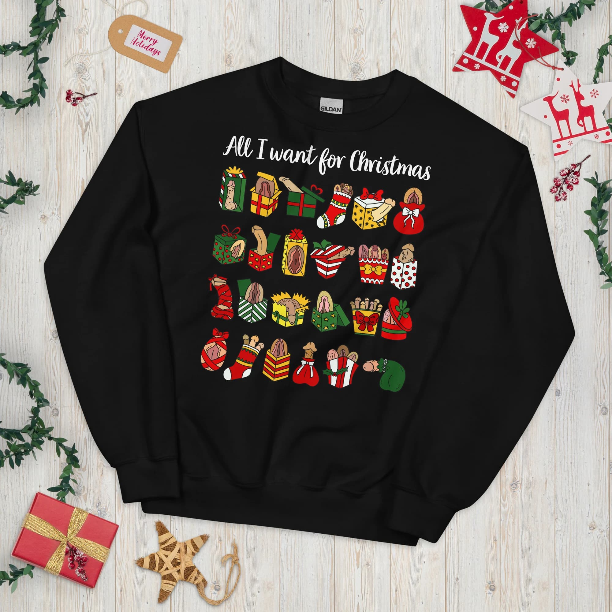 Black unisex Christmas sweatshirt featuring a large grid of vulva-themed Christmas presents, stockings and gift sacks with colourful bows. Wording shown is a customizable example.