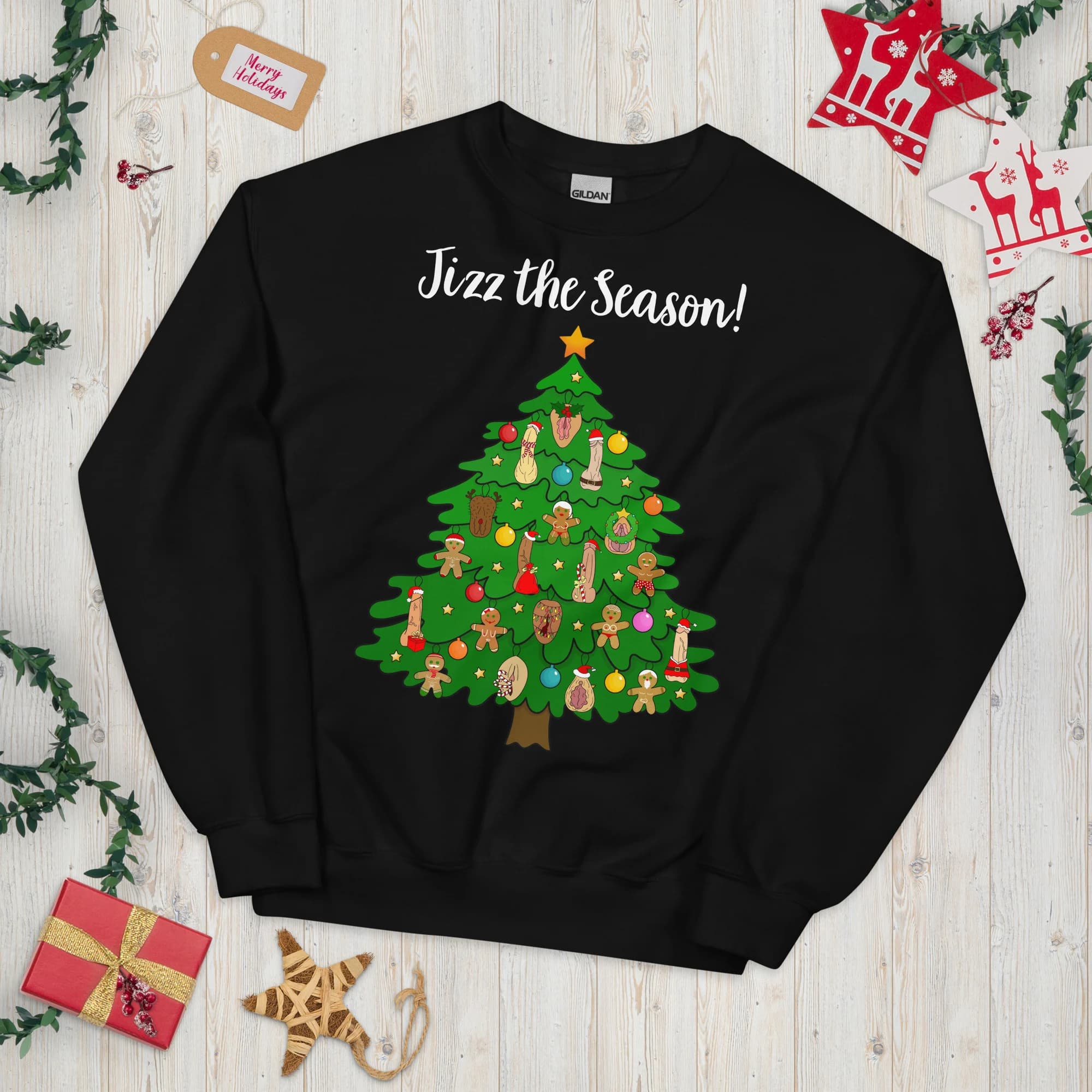 Black unisex Christmas sweatshirt featuring a green Christmas tree decorated with mixed anatomy illustrations, gingerbread figures and colourful baubles. Wording shown is a customizable example.