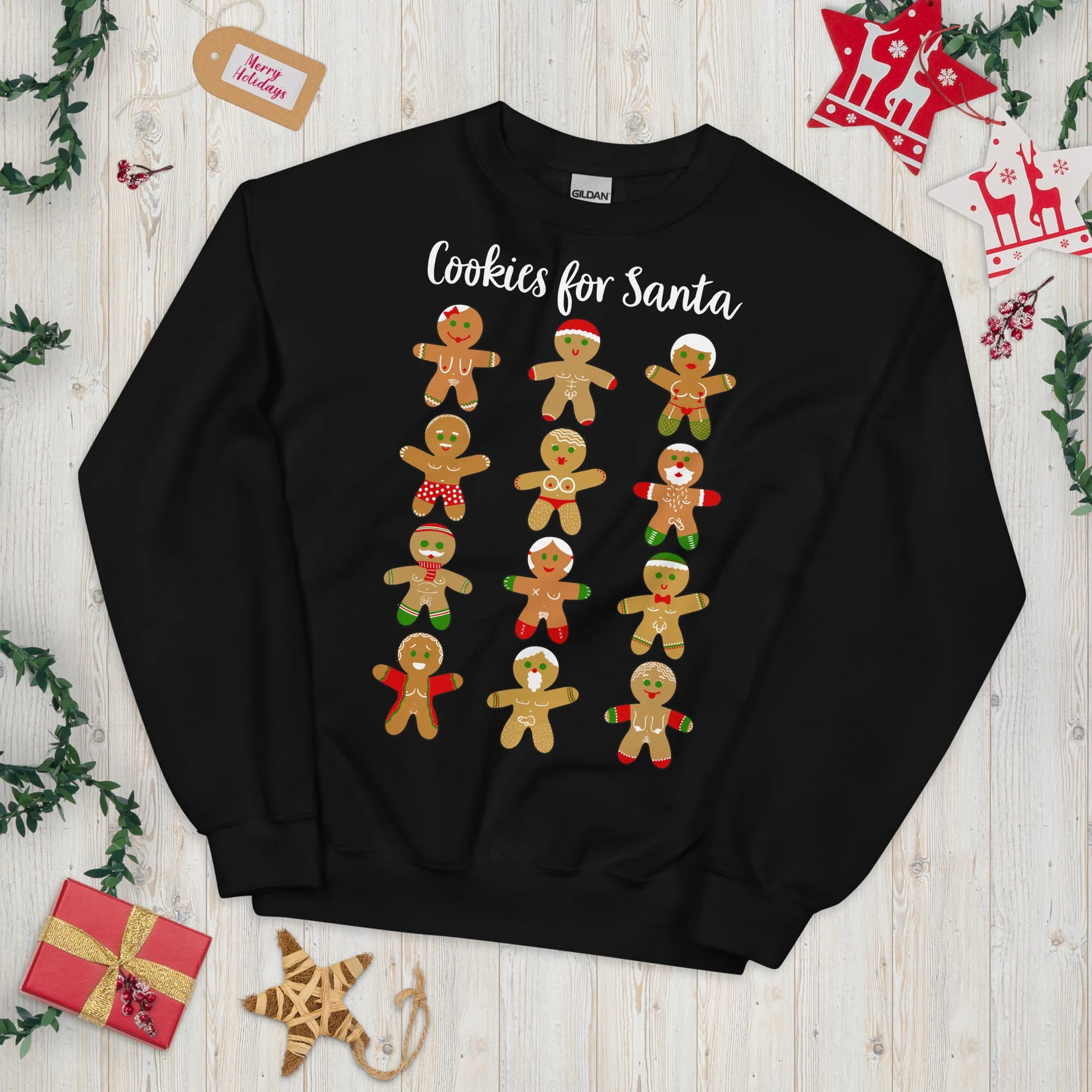 Black unisex Christmas sweatshirt featuring a grid of twelve naughty gingerbread men with festive icing, scarves and Santa hats. Wording shown is a customizable example.