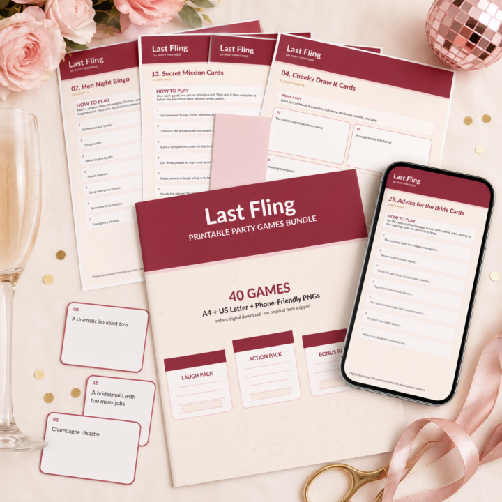 Last Fling printable party games bundle with cards, worksheets, and phone-friendly game preview