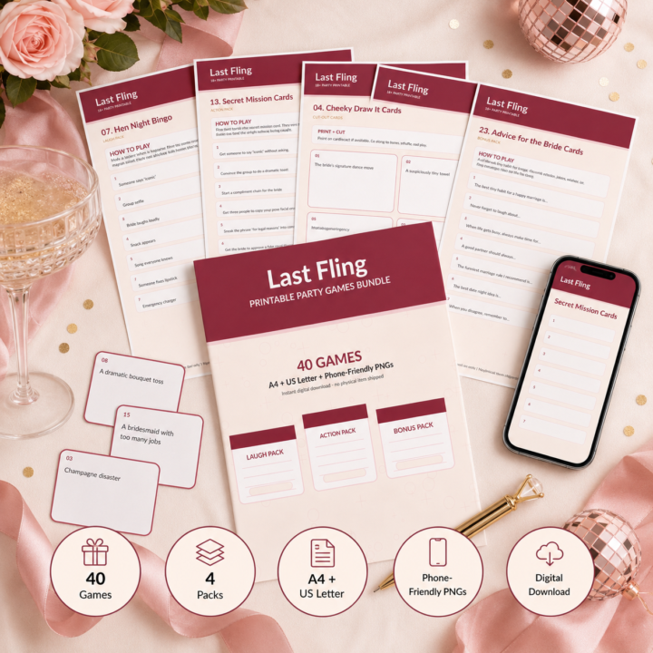 Last Fling printable party games bundle preview with 40 games and digital download icons