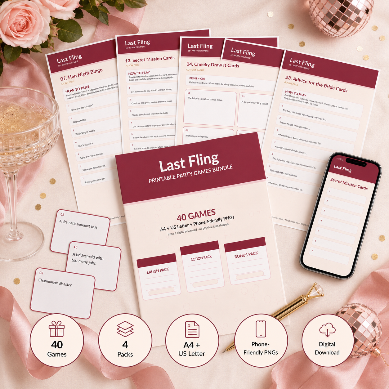 Last Fling printable party games bundle preview with 40 games and digital download icons