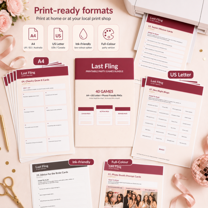 Last Fling digital party games bundle printable sheets and phone preview
