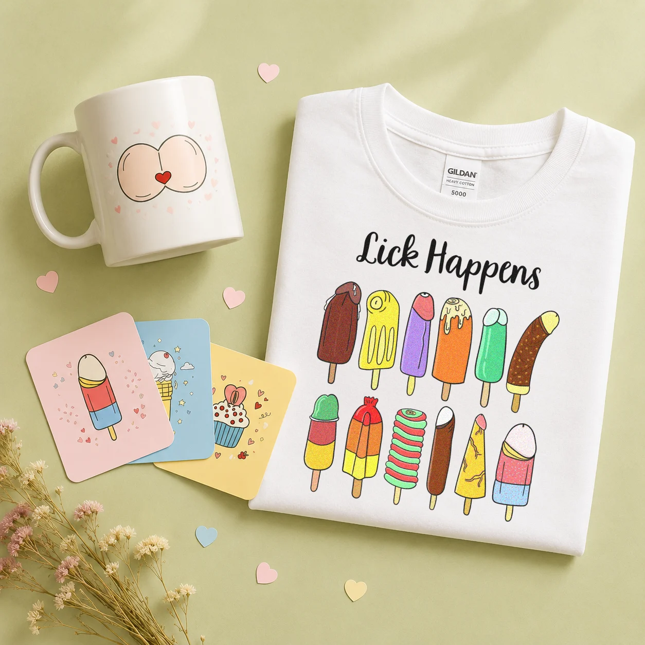 Funny gift formats including a cheeky mug, T-shirt, and printable party game cards