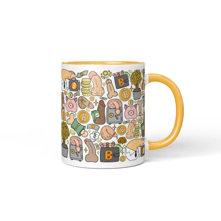 Bitcoin Penis Mug - Funny Crypto Bro Gift - Golden Yellow mug mockup