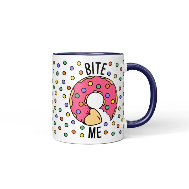 Bite Me Donut Penis Mug - Rude Food Pun Gift - Dark Blue mug mockup