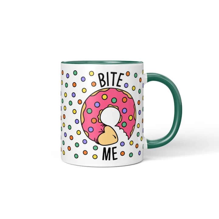 Bite Me Donut Penis Mug - Rude Food Pun Gift - Dark Green mug mockup
