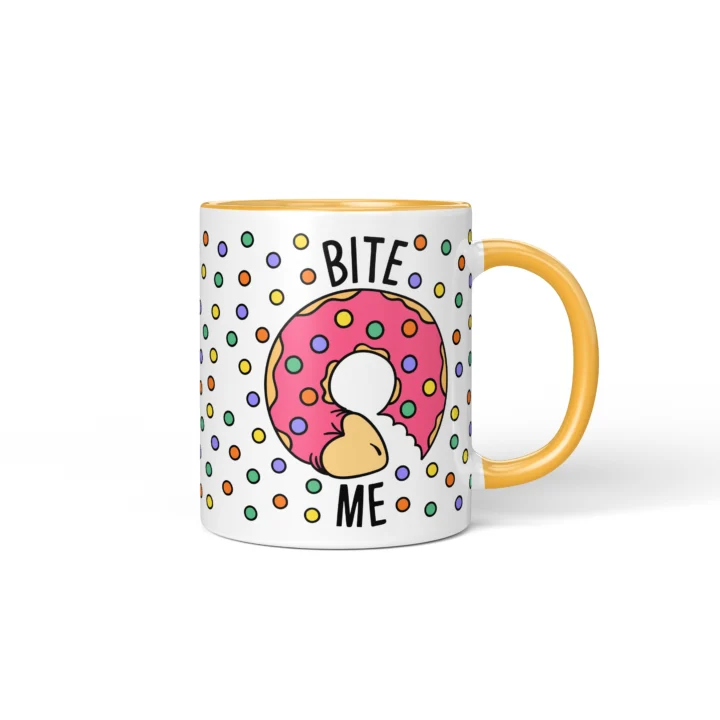 Bite Me Donut Penis Mug - Rude Food Pun Gift - Golden Yellow mug mockup