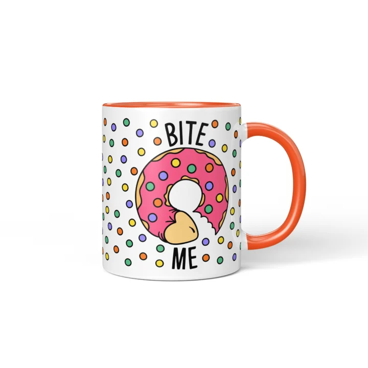 Bite Me Donut Penis Mug - Rude Food Pun Gift - Orange mug mockup