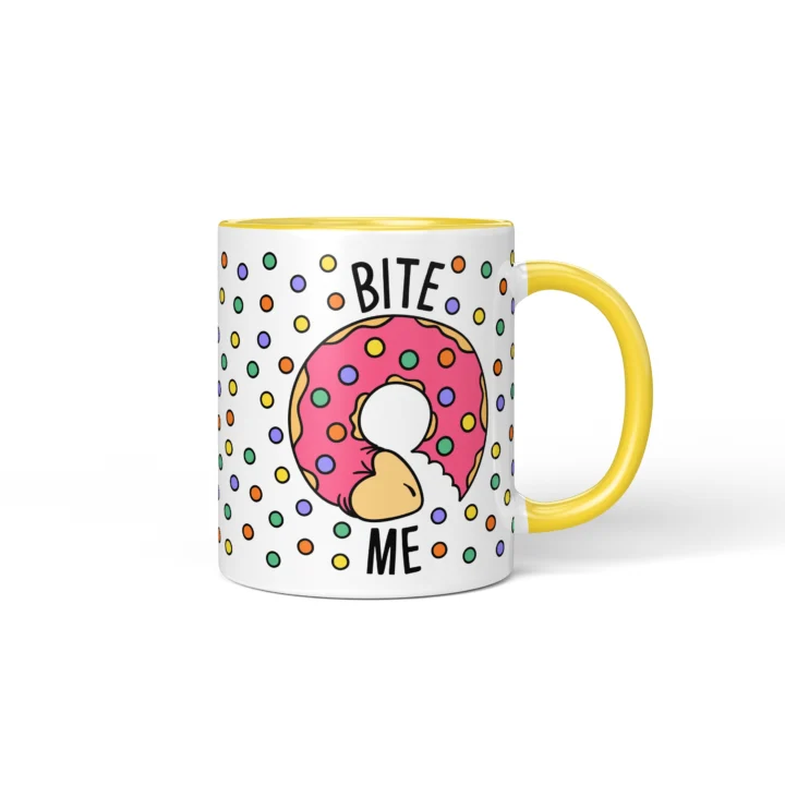 Bite Me Donut Penis Mug - Rude Food Pun Gift - Yellow mug mockup