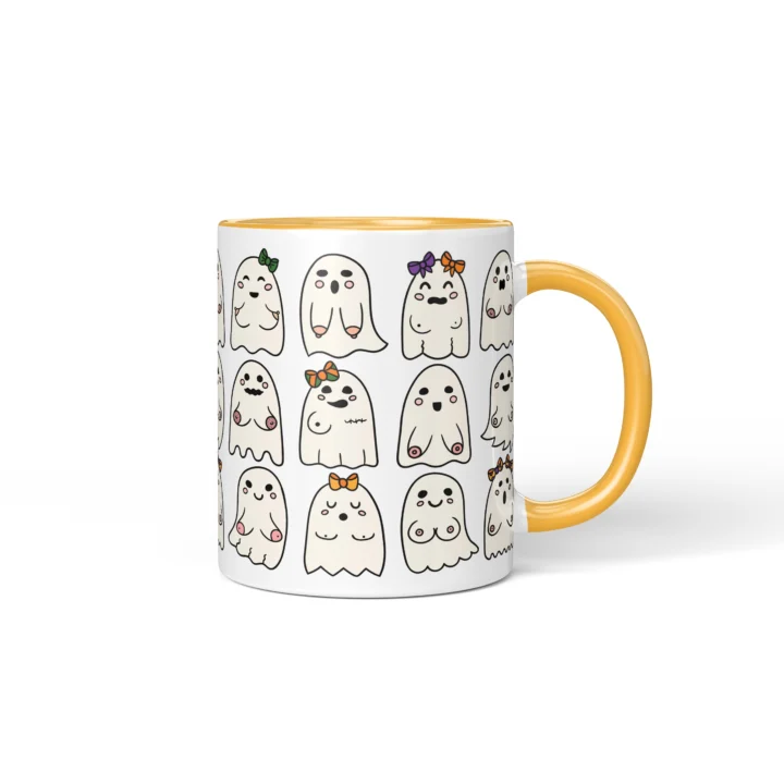 Booo-bies Ghost Boobs Mug - Funny Halloween Gift - Golden Yellow mug mockup