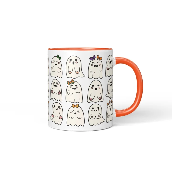 Booo-bies Ghost Boobs Mug - Funny Halloween Gift - Orange mug mockup