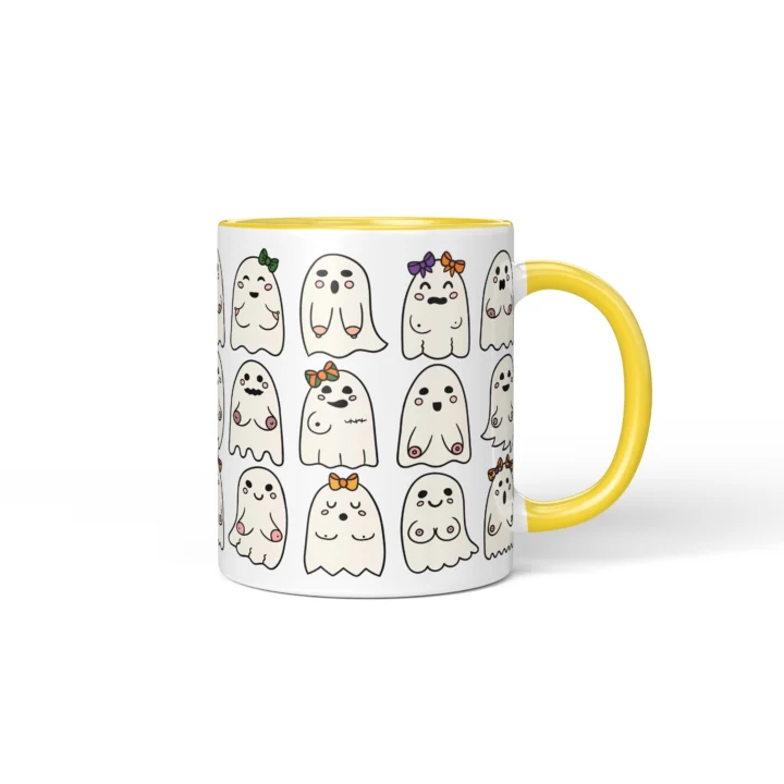Booo-bies Ghost Boobs Mug - Funny Halloween Gift - Yellow mug mockup