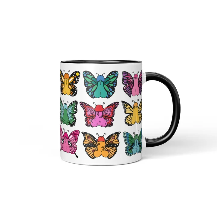 Butterfly Penis Mug - Colorful Cheeky Art Gift - Black mug mockup