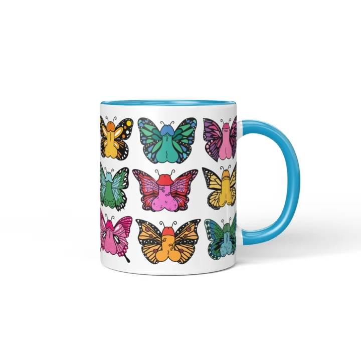Butterfly Penis Mug - Colorful Cheeky Art Gift - Blue mug mockup