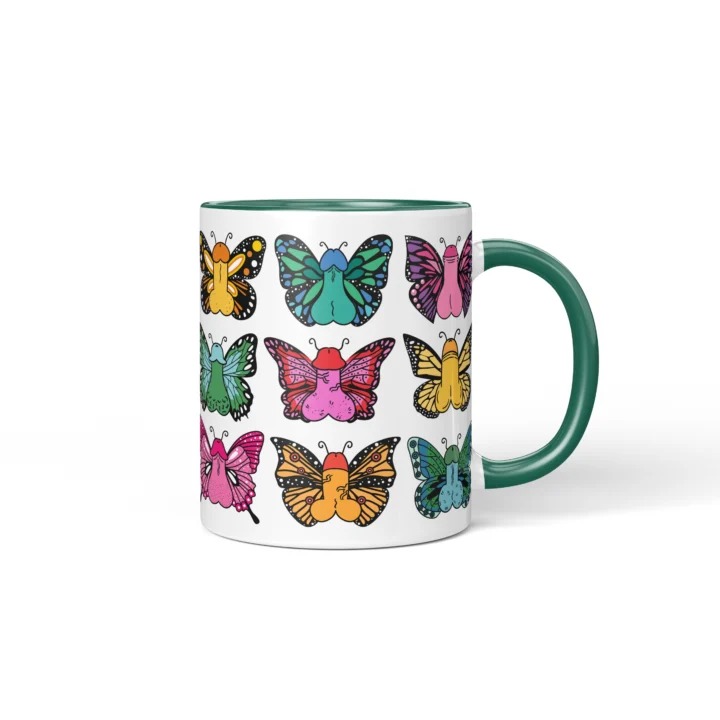 Butterfly Penis Mug - Colorful Cheeky Art Gift - Dark Green mug mockup
