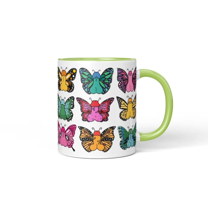 Butterfly Penis Mug - Colorful Cheeky Art Gift - Green mug mockup