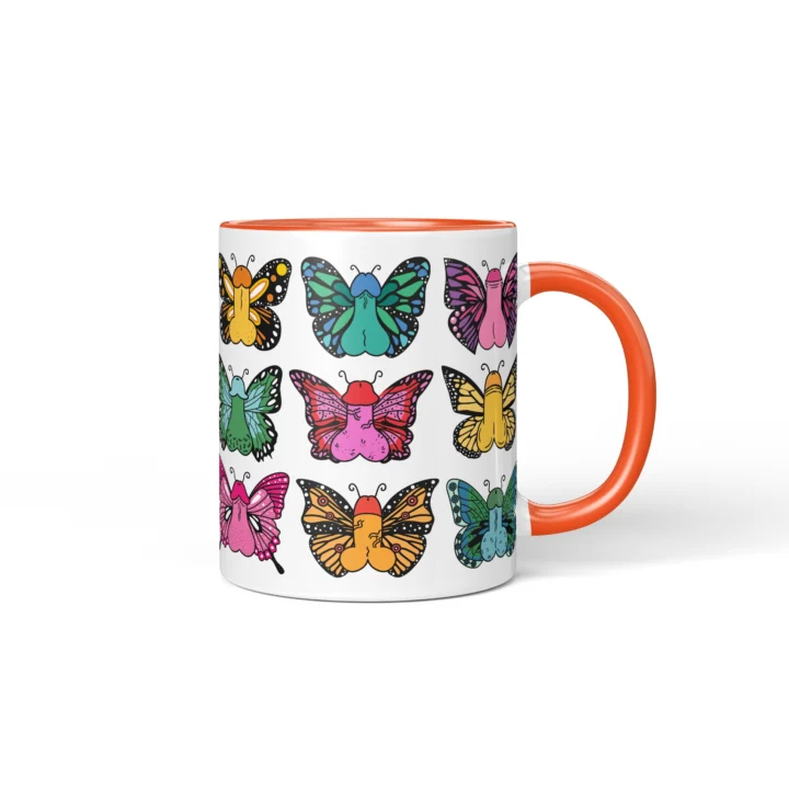 Butterfly Penis Mug - Colorful Cheeky Art Gift - Orange mug mockup