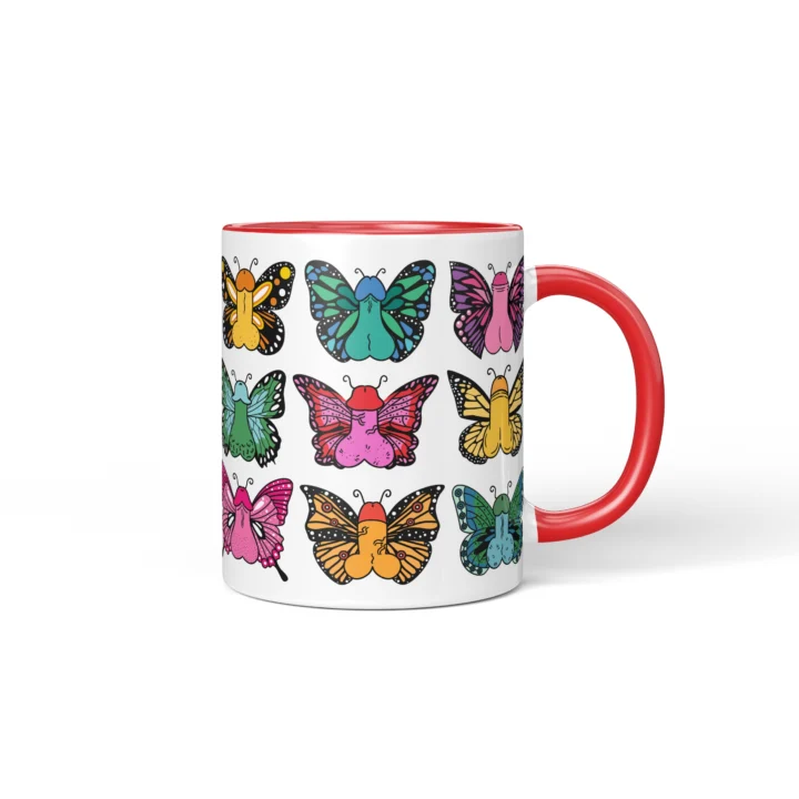 Butterfly Penis Mug - Colorful Cheeky Art Gift - Red mug mockup