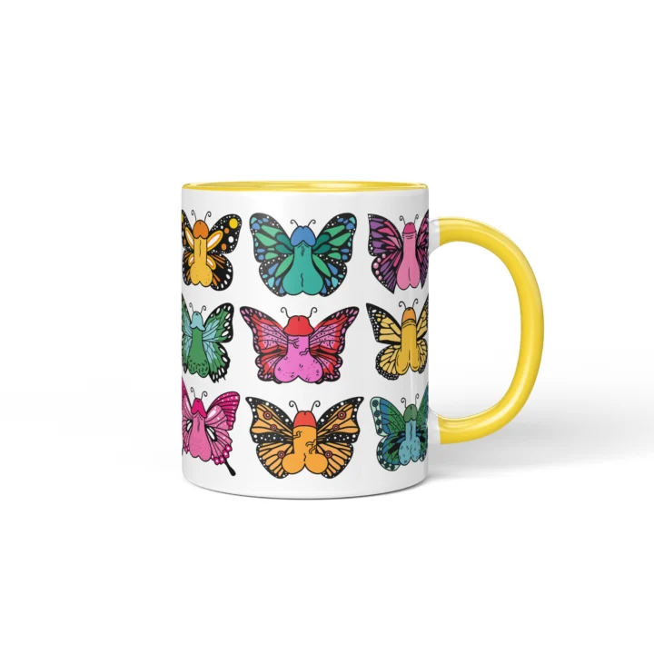 Butterfly Penis Mug - Colorful Cheeky Art Gift - Yellow mug mockup