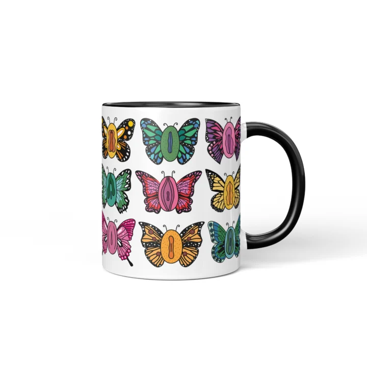 Butterfly Vagina Mug - Colorful Vulva Art Gift - Black mug mockup