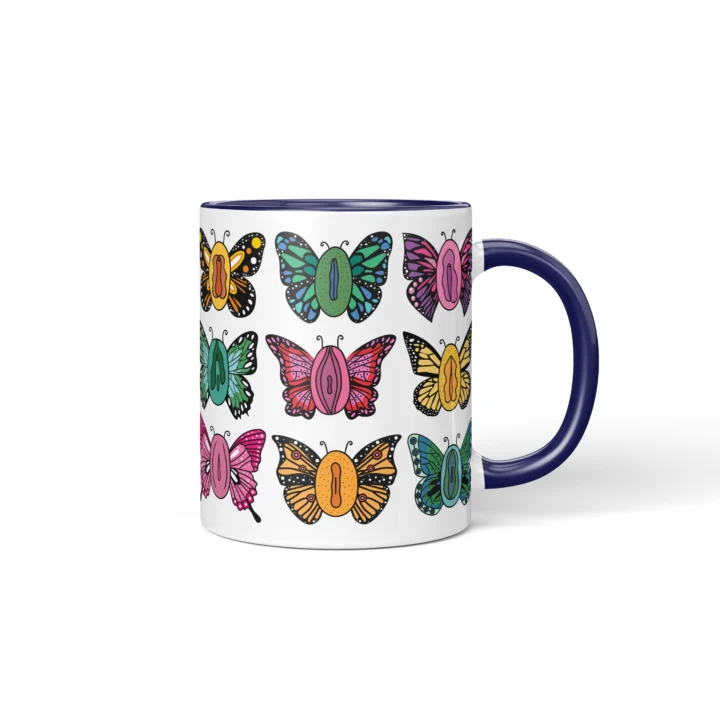 Butterfly Vagina Mug - Colorful Vulva Art Gift - Dark Blue mug mockup