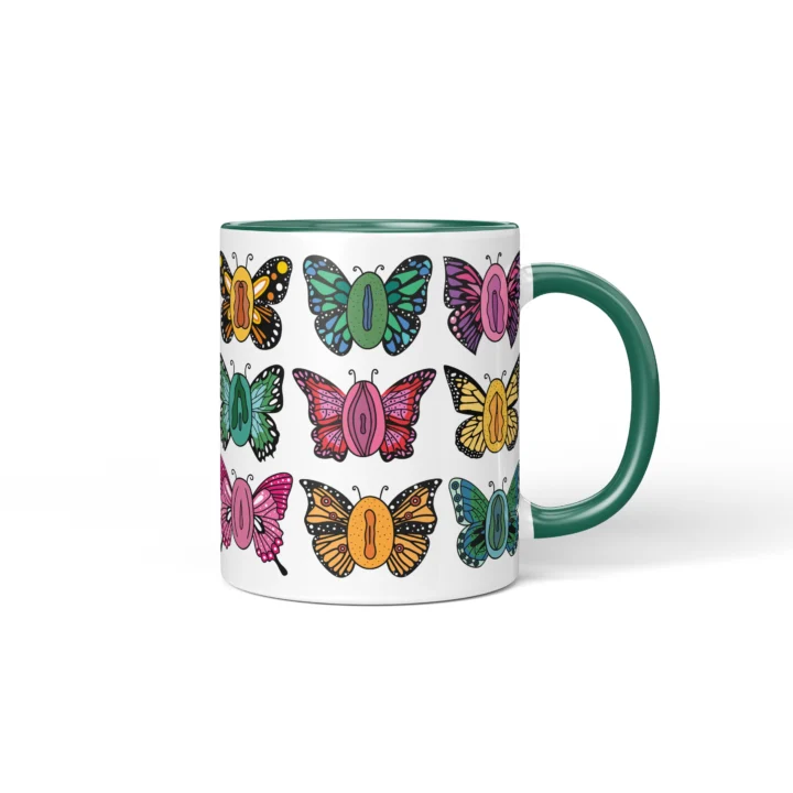 Butterfly Vagina Mug - Colorful Vulva Art Gift - Dark Green mug mockup