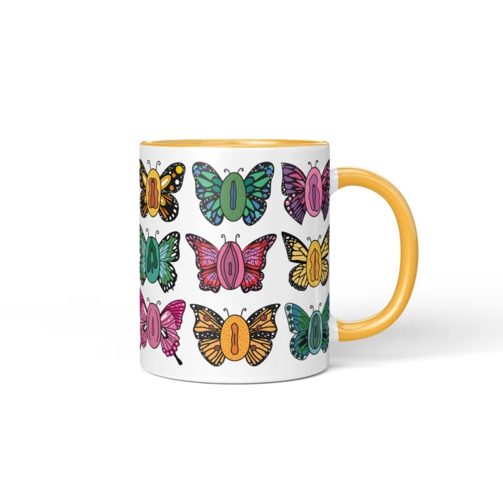 Butterfly Vagina Mug - Colorful Vulva Art Gift - Golden Yellow mug mockup