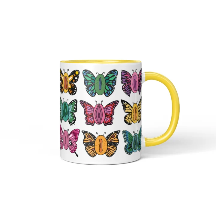 Butterfly Vagina Mug - Colorful Vulva Art Gift - Yellow mug mockup