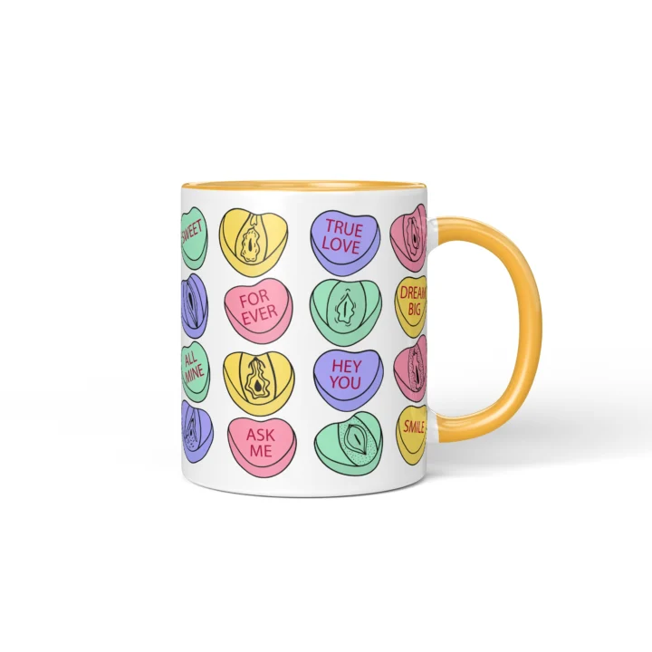 Candy Heart Vagina Mug - Cheeky Valentine's Gift - Golden Yellow mug mockup