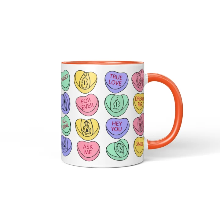 Candy Heart Vagina Mug - Cheeky Valentine's Gift - Orange mug mockup