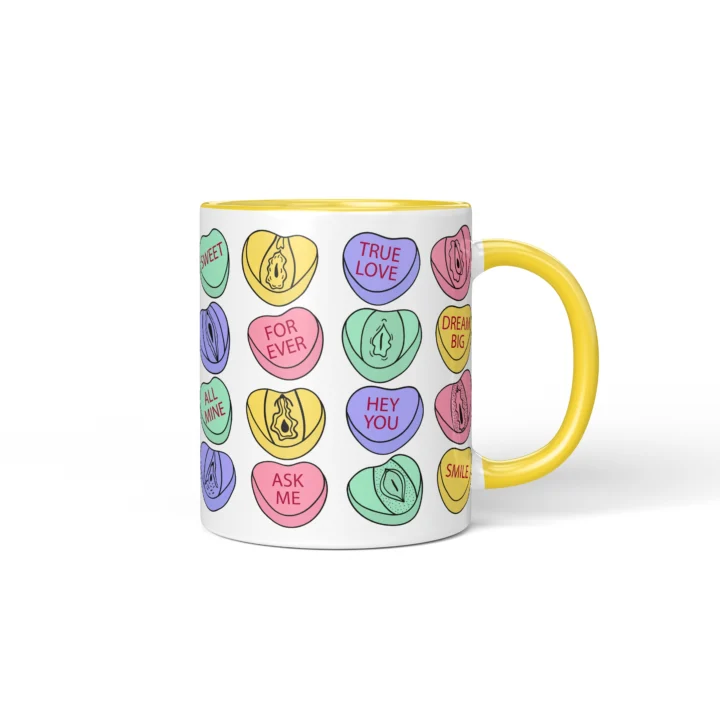 Candy Heart Vagina Mug - Cheeky Valentine's Gift - Yellow mug mockup