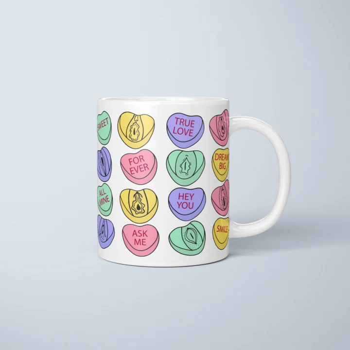 Candy Heart Vulva Art Mug – Cheeky Valentine’s Gift - primary mug mockup
