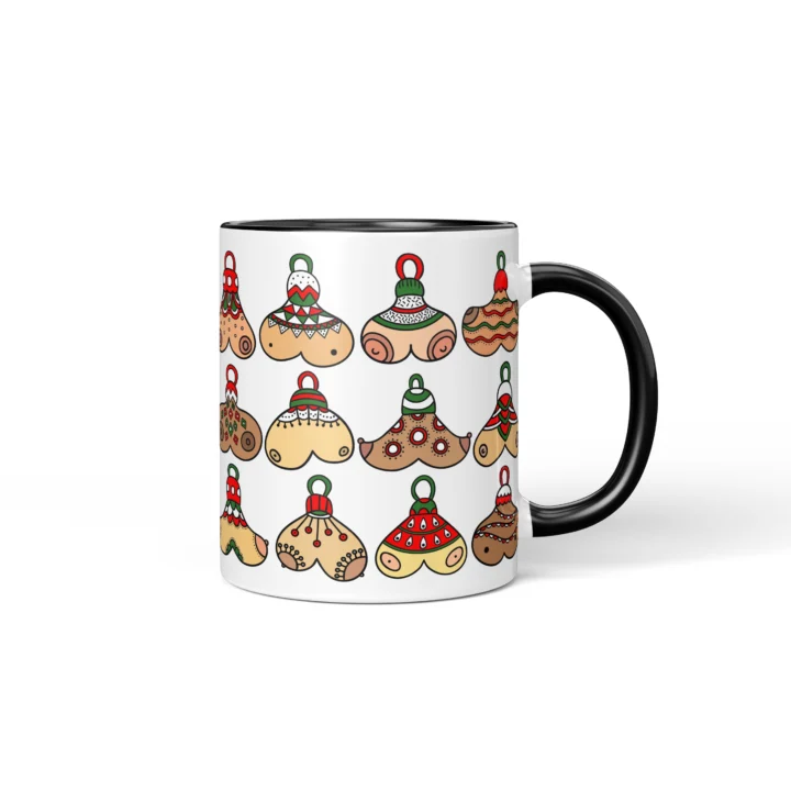 Christmas Bauble Boobs Mug - Rude Secret Santa Gift - Black mug mockup