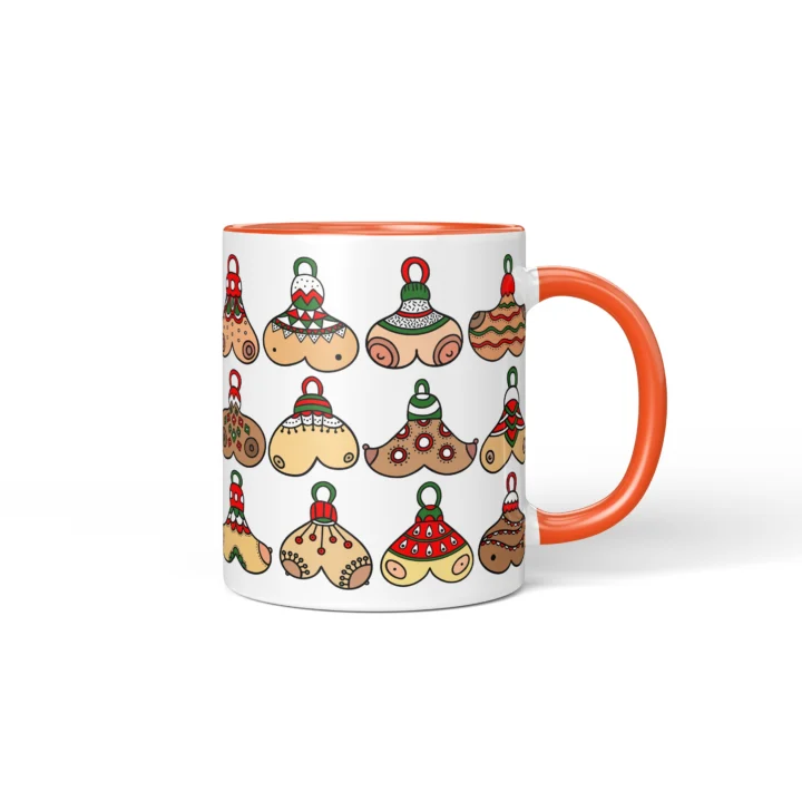 Christmas Bauble Boobs Mug - Rude Secret Santa Gift - Orange mug mockup
