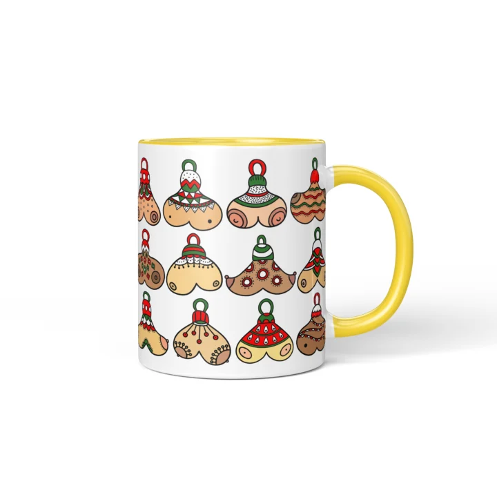 Christmas Bauble Boobs Mug - Rude Secret Santa Gift - Yellow mug mockup