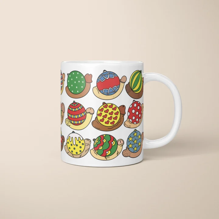Colorful Christmas bauble and penis pattern printed on a personalized Pickle Bits penis mug by Pardon My Bits.
