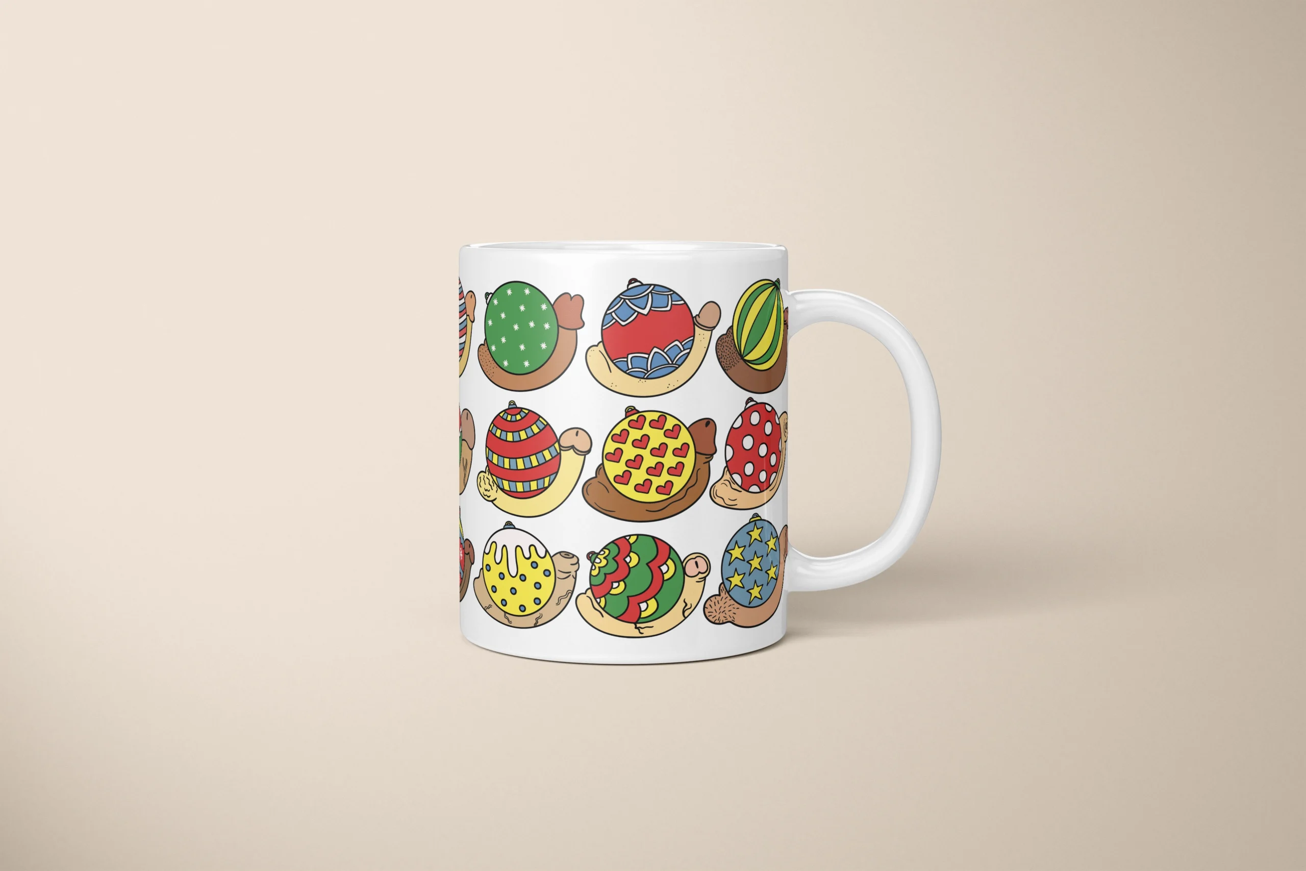 Colorful Christmas bauble and penis pattern printed on a personalized Pickle Bits penis mug by Pardon My Bits.